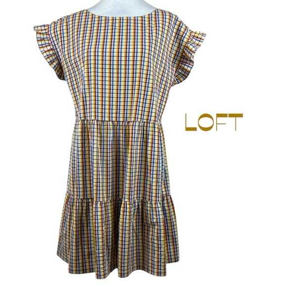 LOFT White Red Blue Yellow Plaid Cottage Fairy Boho Dress NWOT Size M - Picture 2 of 12